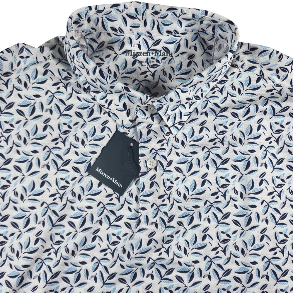 Mizzen+Main Halyard Polo Men XL White Foliage Leaf Print Trim Tall 1KS-1966